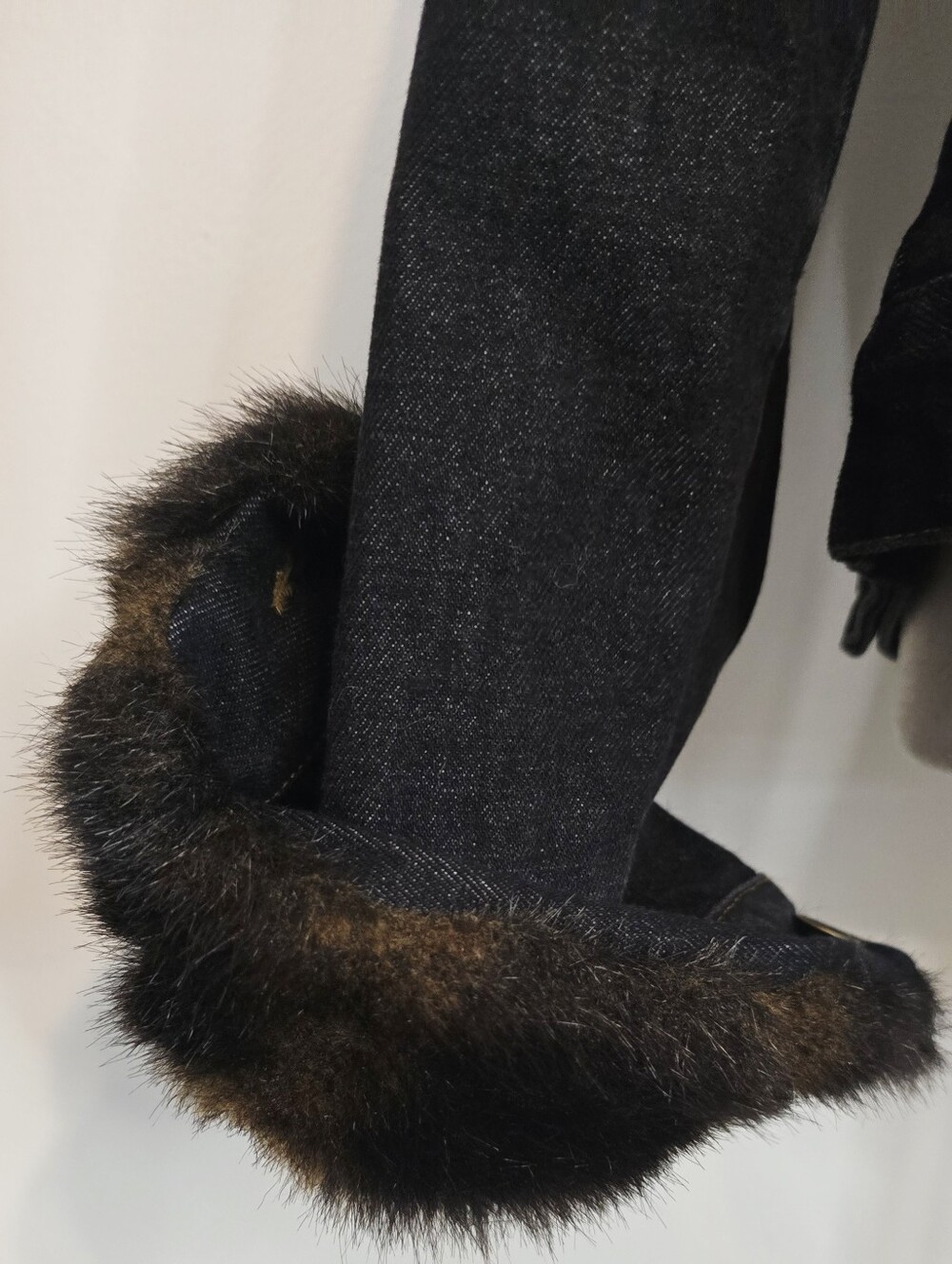 Fuda New York Faux Fur Trim Denim Jacket Y2K Dark Wash Glam Vintage Mob Wife - Picture 8 of 13
